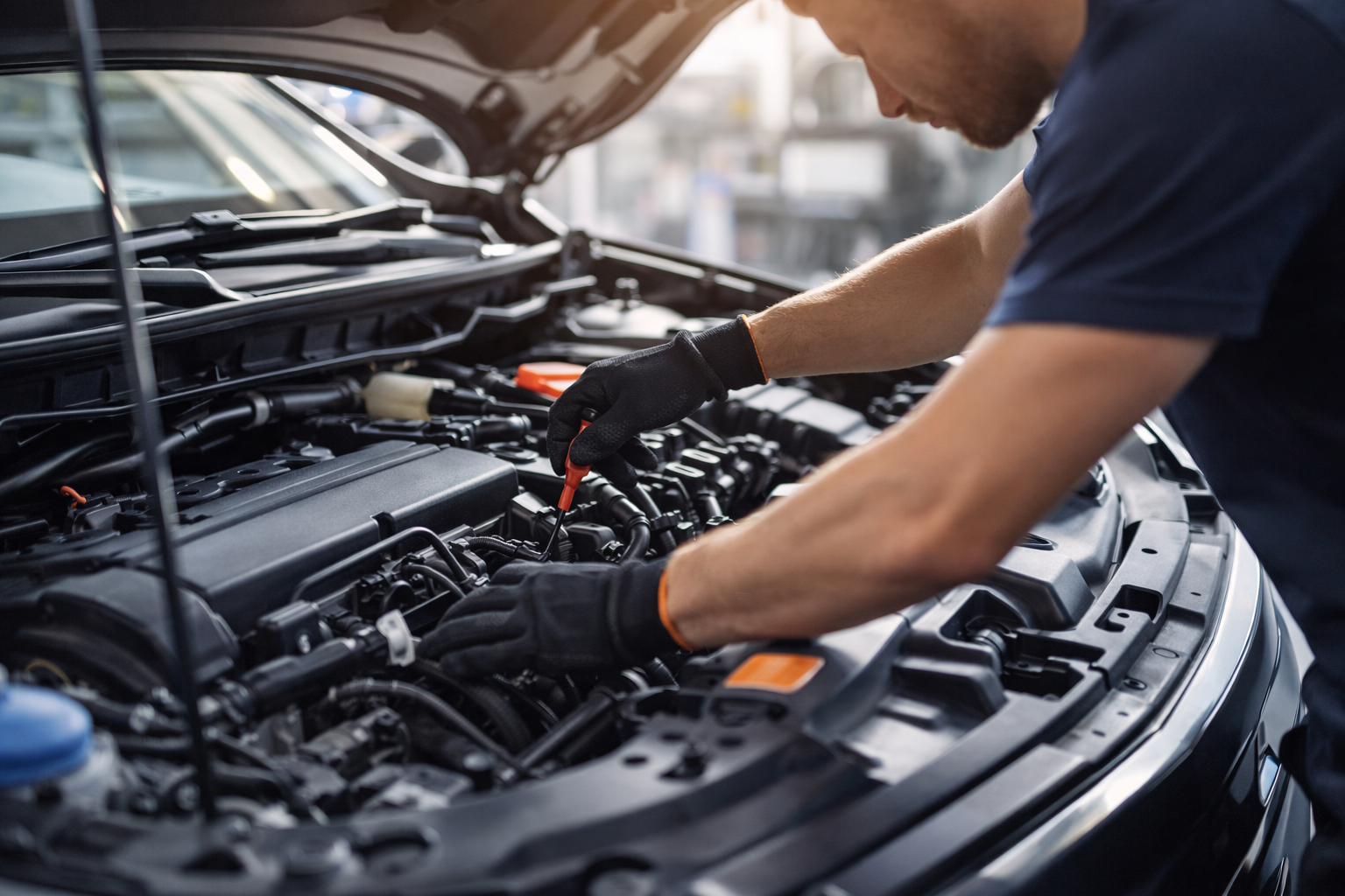 “Periyodik araç bakımı sırasında motor kontrolü yapılan otomobil”
